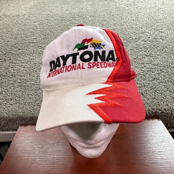 VINTAGE Daytona Speedway Hat Mens White Red Shark Tooth Strapback NASCAR 90s * - Picture 2 of 10
